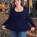 Women's Plus Size Babydoll Tops Long Sleeve Henley Shirts Cute Square Neck Peplum Top Button Casual Swing Flowy Blouses (XXL)