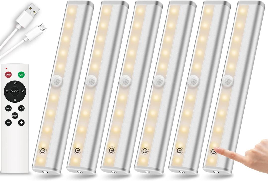 Remote Control Under Cabinet Lighting Wireless 6 Pack, 20-LED Dimmable Closet Lights Rechargeable Under Counter Light, Stick on Touch Night Light Strip Bar for Kitchen Stairway Bedroom, 3 Colors