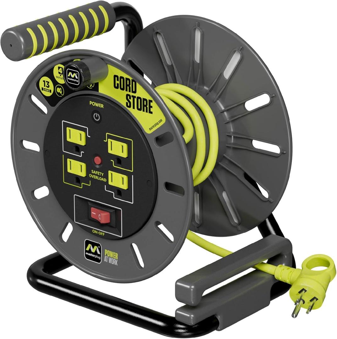 Masterplug 3ft Cord Reel, Retractable Extension Lead with Winding Handle, Safety Overload Circuit Breaker and Power Switch, 4x Grounded Outlets, 13amps, 14AWG Cable