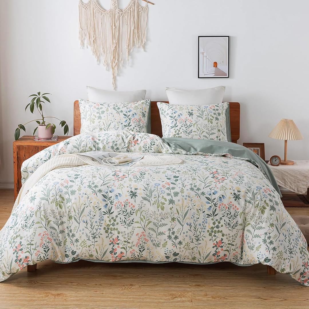 HoneiLife King Size 100% Cotton Floral Breathable Duvet Cover with Zipper Closure & Corner Ties,3pcs Wildflower Comforter Cover Sets- Fragrant Grass (King-104" x 90", Green Floral)