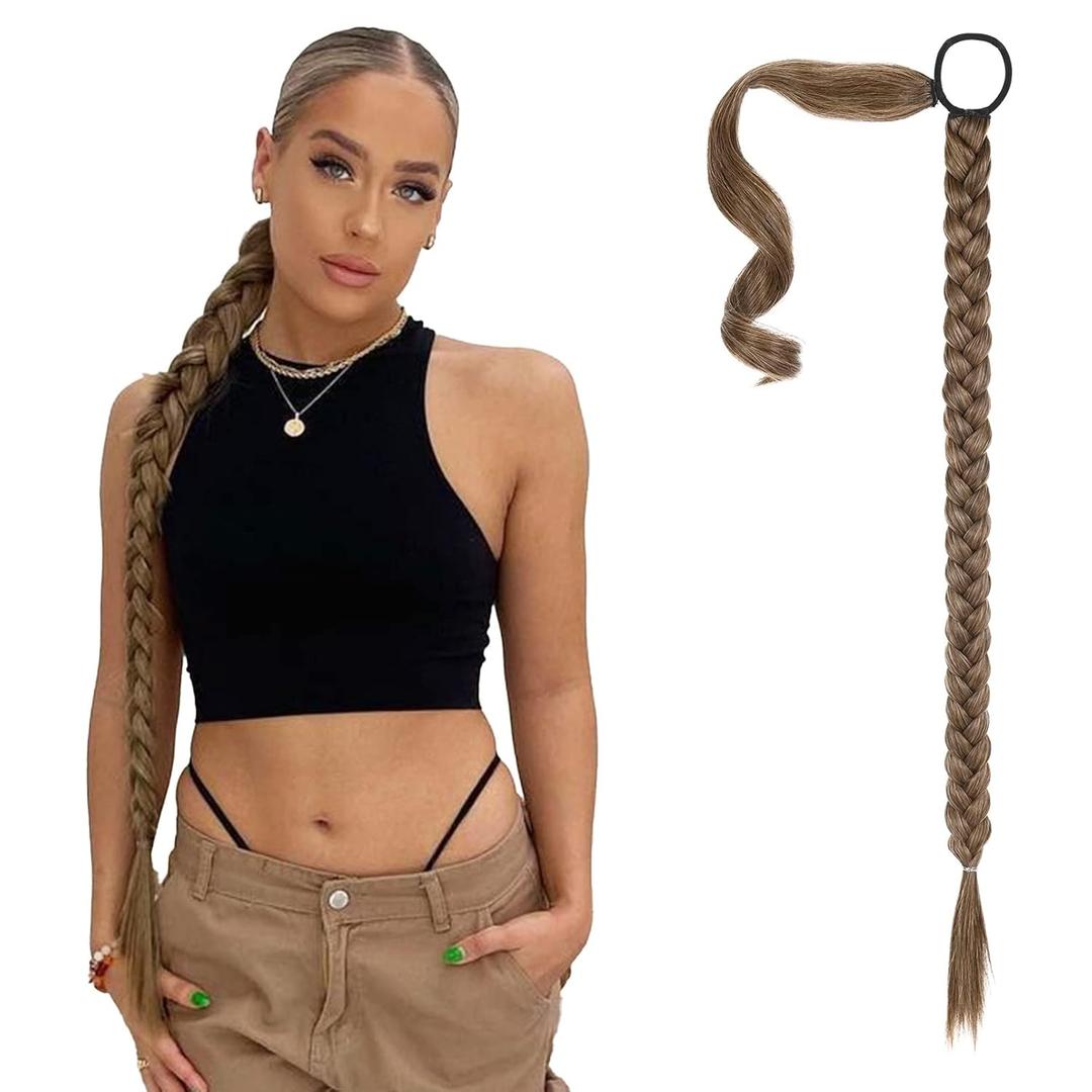 SEIKEA Upgraded Long Braid Ponytail Extension with Elastic Tie Straight Sleek Wrap Around Braid Hair Extensions Ponytail Dark Ash Blonde with Highlights 34 Inch (After Braided 30 Inch)