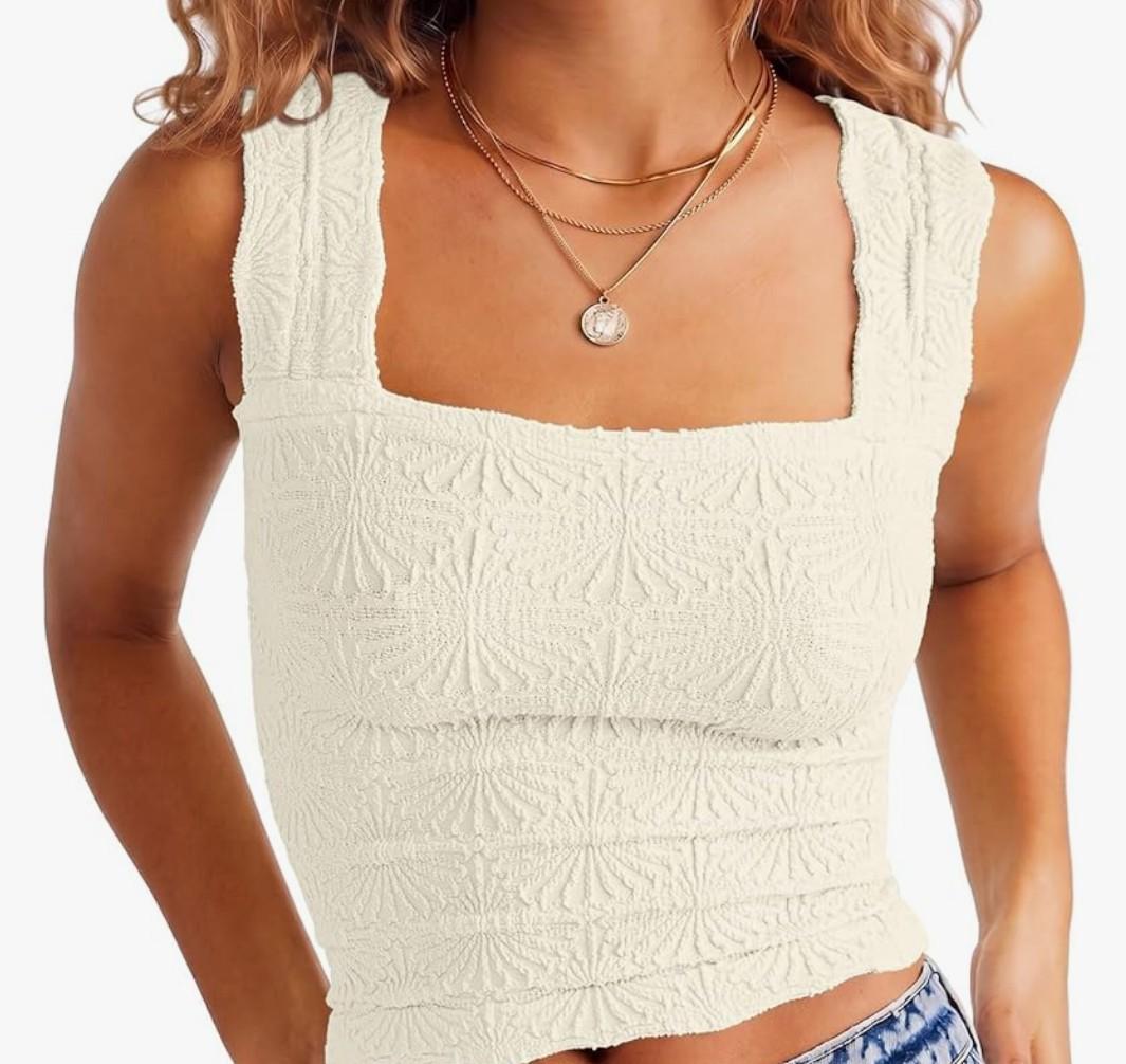 DouBCQ Women Cute Crop Tank Top Square Neck Wide Strap Vest Slim Fit Floral Lettuce Trim Cropped Cami Tops, Size L