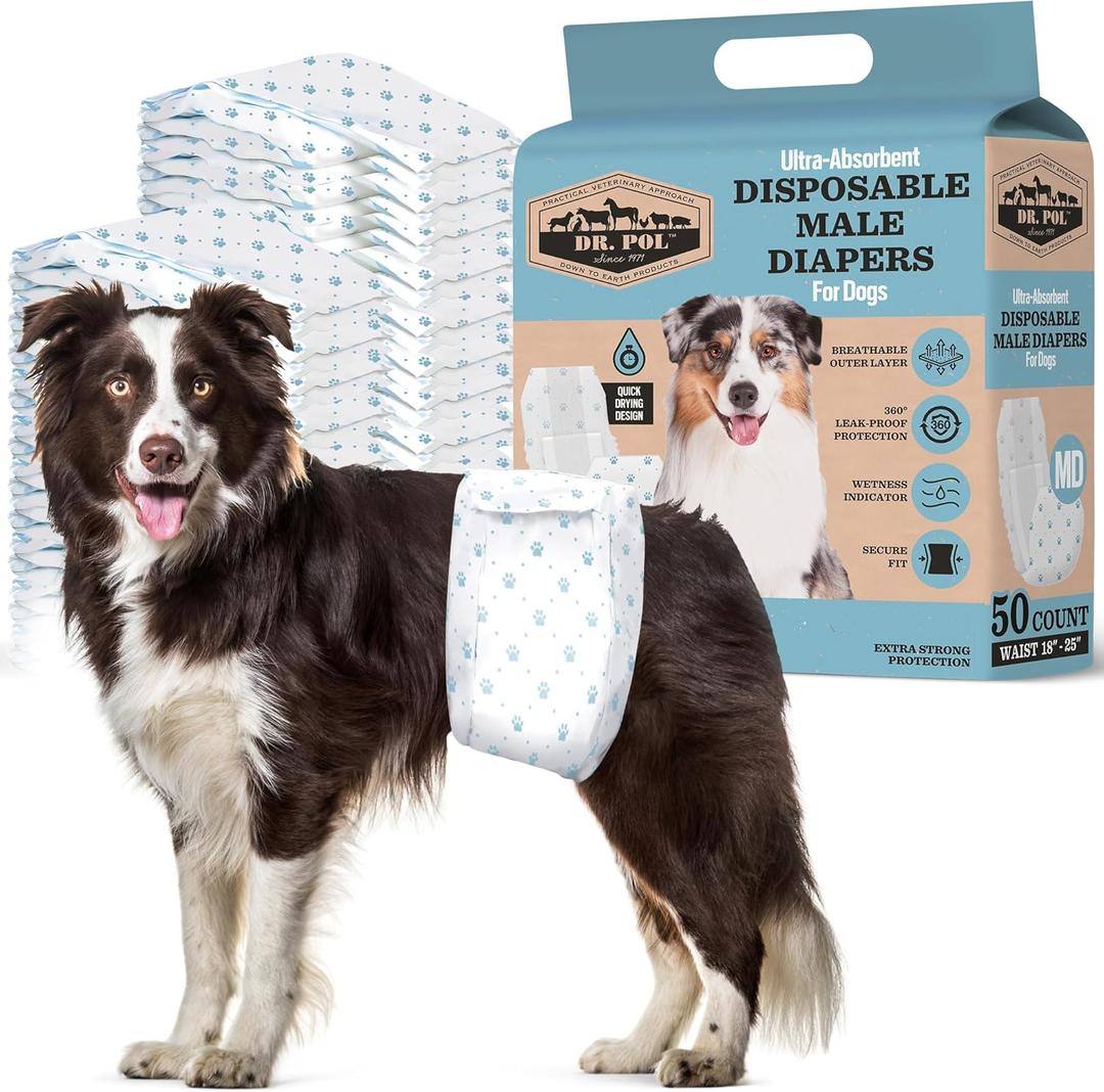Dr Pol Dog Diapers for Male Dogs | Disposable Pet Diapers with Wetness Indicators | Adjustable Fit | Leak Protection & Super Absorbent | Perfect for Heat Cycles & Training Accidents | Pack of 50 (MD Waist Size 18 - 25 in)
