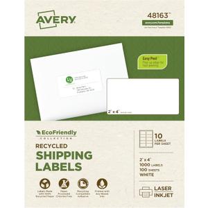 Avery EcoFriendly Recycled Shipping Labels, 2" x 4", White, Permanent Adhesive, Laser & Inkjet Printers, 1,000 Total, Great for Shipping and Mailing, Product Merchandising, and More (48163)