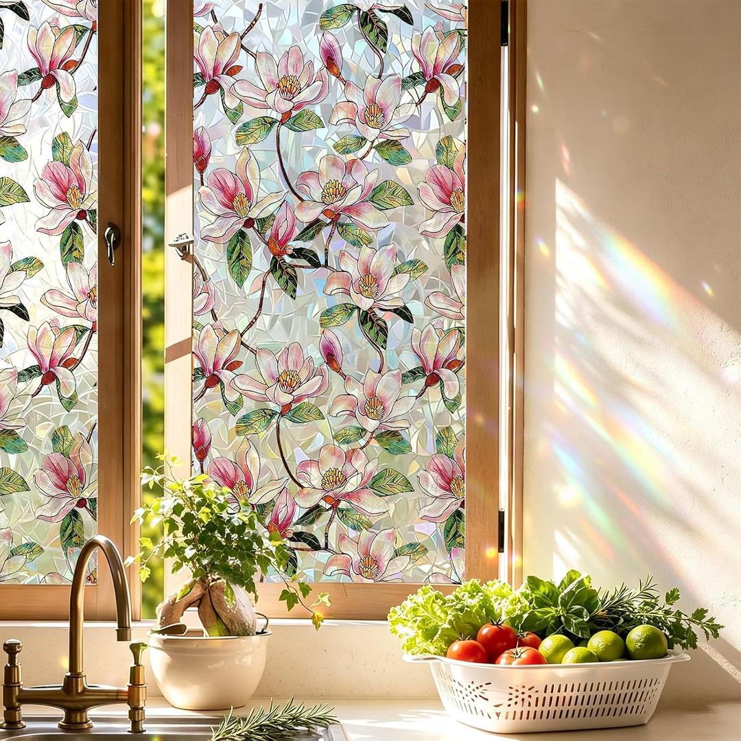 Stained Glass Window Privacy Film, Magnolia, 23.6 x 78.7 in