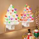 Tfro & Cile Ceramic Christmas Tree Night Light 2 Pack Xmas Decorative Tree Lamp Small Vintage Light Up Bathroom Decor with On/Off Switch for Home Bedroom (White&Pink)