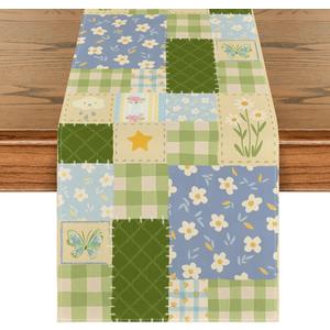 Artoid Mode Patchwork Buffalo Plaid Floral 210 GSM Spring Table Runner, Seasonal Summer Kitchen Dining Table Decoration for Home Party Decor 13x36 Inch