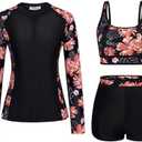 Kate Kasin Women's 3 Piece Rash Guard Long Sleeve Swimsuits Zip Up UPF 50+ Built in Bra Swim Shirts with Boyshorts Quick Dry,M