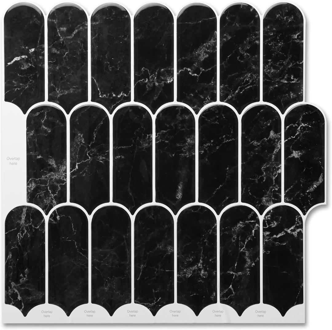Art3dwallpanels Peel and Stick Backsplash Tile, 10 Sheets 12 x 12 Inch Stick on Backsplash for Kitchen, 3D PVC Self Adhesive Wall Tiles for Bathroom Laundry Room Back Splashes, Black Marble