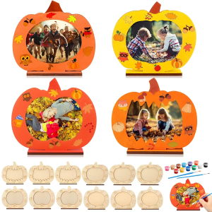 DoubleFill 13 Pcs Wooden Fall DIY Picture Frames Craft Kit 4x3'' Unfinished Wooden Pumpkin Photo Frames with Acrylic Paint Bulk Kids Fall Activities Craft Kits for Boys Girls Home Thanksgiving Gifts