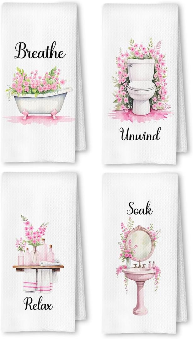 Farmhouse Pink Botanical Bathroom Hand Towels, Relax Breathe Soak Unwind Botanical Decorative Hand Towels for Gym Yoga Spa Decor, 16x24 Inches Set of 4