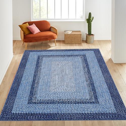 COZYLOOM 10x13 Large Area Rug Braided Printed Washable Rugs for Living Room Boho Anti-Slip Bedroom Rug Ombre Bordered Rustic Rug Soft Foldable Thin Carpet for Nursery Playroom Office Farmhouse Navy