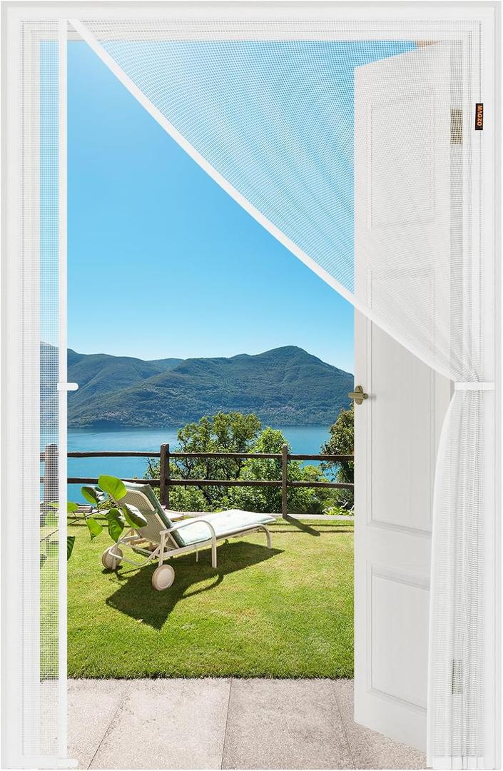 MAGZO Magnetic Screen Door White, Fits 32'' x 80'' Door, Reversible Left Right Side Opening, Scratch-Proof Polyester, Pet&Kids Friendly, Easy Install with Hook&Loop, Keep Annoying Creatures Out