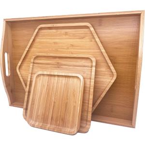Bamboo Serving Trays Charcuterie Platter 16.5"x11.8"42x30cm with Handle, Set Includes 1xHexagon 12.5"(32cm)+1xSquare 7.8"(20cm)+1xSquare 5.9"(15cm) Small Plates for Family Dinner (1hexagon+2square)