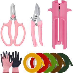 Linkidea 9 Pcs Gardening Shears Set, Multifunction Home Gardening Kit Included Floral Tape, Flower Scissor, Curve Scissors, Gardening Gloves, Horticulture Tools Set for Lawn & Yard(Pink)