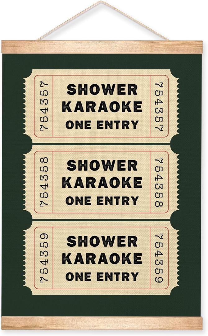 HEYJEEPER Funny Bathroom Wall Art-Shower Karaoke One Entry -Wall Hanging Poster,14x18In Retro Green Canvas with Wood Hanger, Boho Home Wall Decor for Bathroom(Ticket)