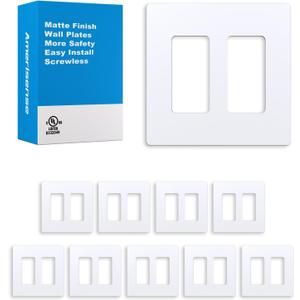 Outlet Cover, Screwless Decorator Wall Plate, Light switch Power Plug Cover, 2-Gang Standard Size, Matte White, 10 Pack,UL listed