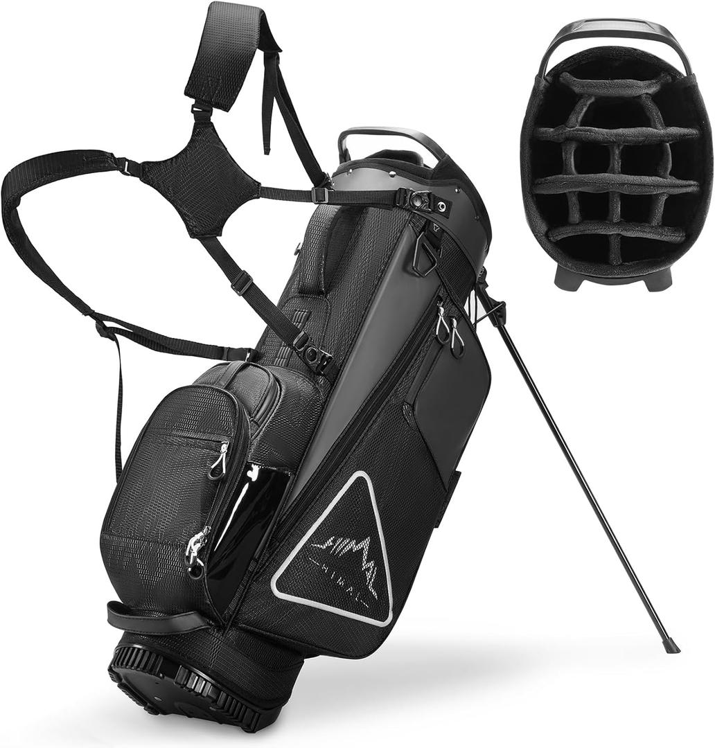 14-Way Golf Stand Bag, Full Length Premium PU Leather Golf Bag with Plush Top, Magnetic Pocket, Dual Strap and Rain Cover for Men (Black)