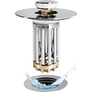 Bathroom Sink Drain Strainer, 3 in 1 Pop Up Bathroom Sink Stopper with Removable Brass Basket Hair Catcher, Universal Sink Plug for 1.06 to 1.6in Drain Hole, Chrome Silver