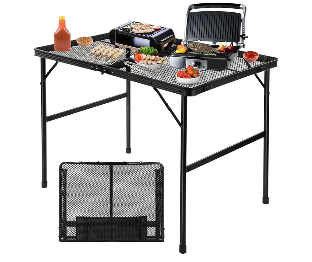 Folding Grill Table Camping Table with Mesh Desktop, Lightweight 3 FT Metal Table for Outside, Height Adjustable Portable Grill Tables for Camping, Picnic, Beach and BBQ, RV