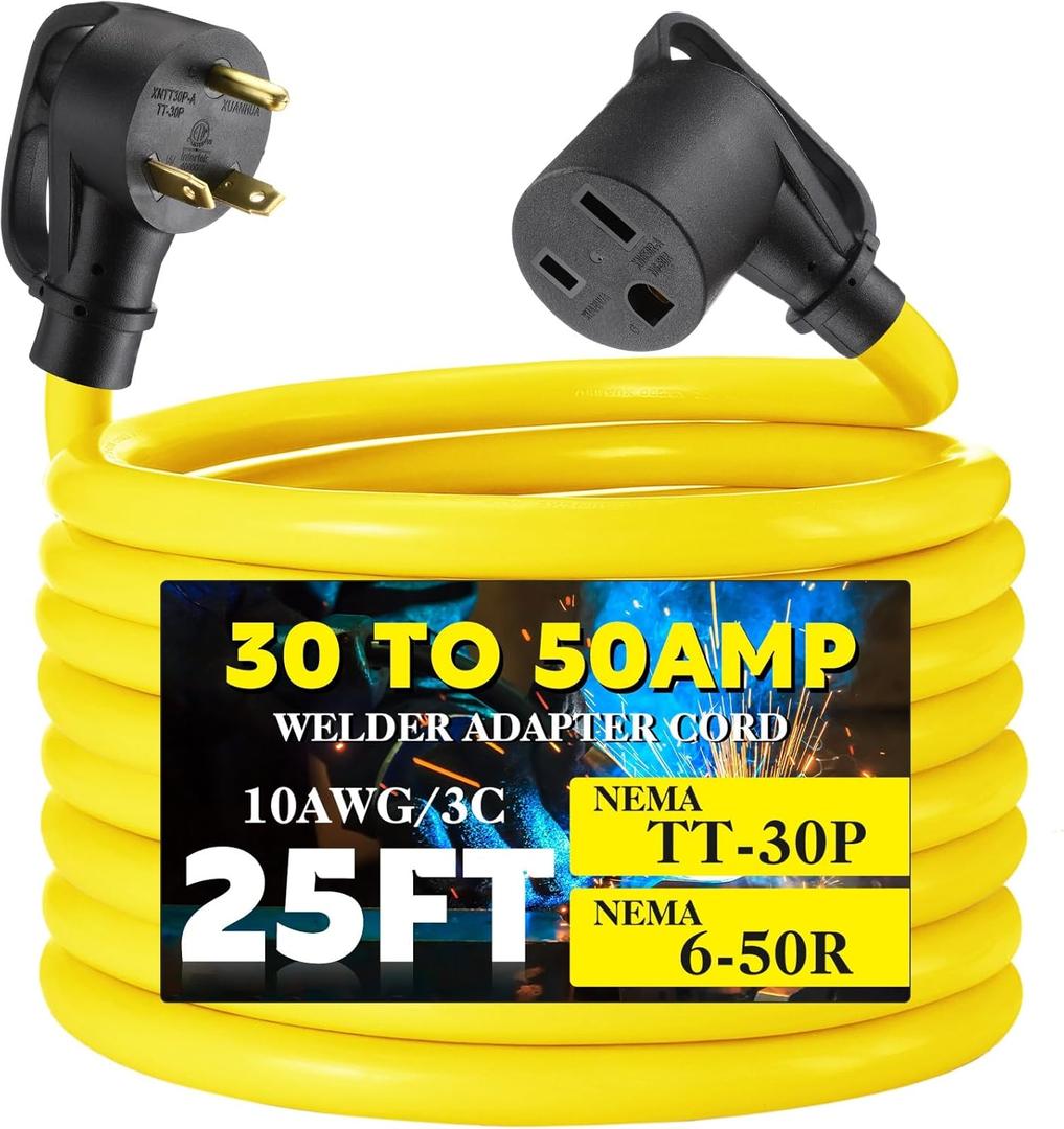 Tellegloww 25 Feet NEMA TT-30P to 6-50R Welder Adapter Extension Cord, 30Amp to 50Amp 3 Prong Generator RV to 3 Prong Welder Adapter, STW 10 AWG/3C, 250V 7500 Watt, ETL Listed