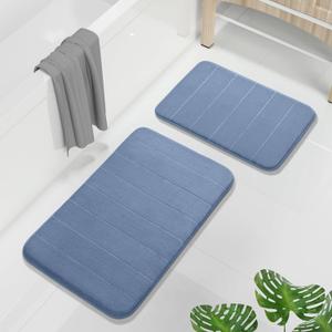 Yimobra Memory Foam Bathroom Rugs Sets 2 Piece - Super Soft Absorbent Quick Dry Bath Mat Set, Machine Washable Non Slip Floor Carpet for Tub Shower & Single Sink (17x24 & 31.5x20 Inch, Denim Blue)