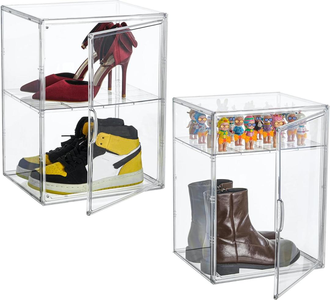 XXX-Large Clear Acrylic Display Case Boot Shoe Storage Boxes With An Adjustable Divider,2 Pack 2 Tiers Clear Plastic Stackable Storage Bins With Lids Big Display Acrylic Box With Magnetic Door