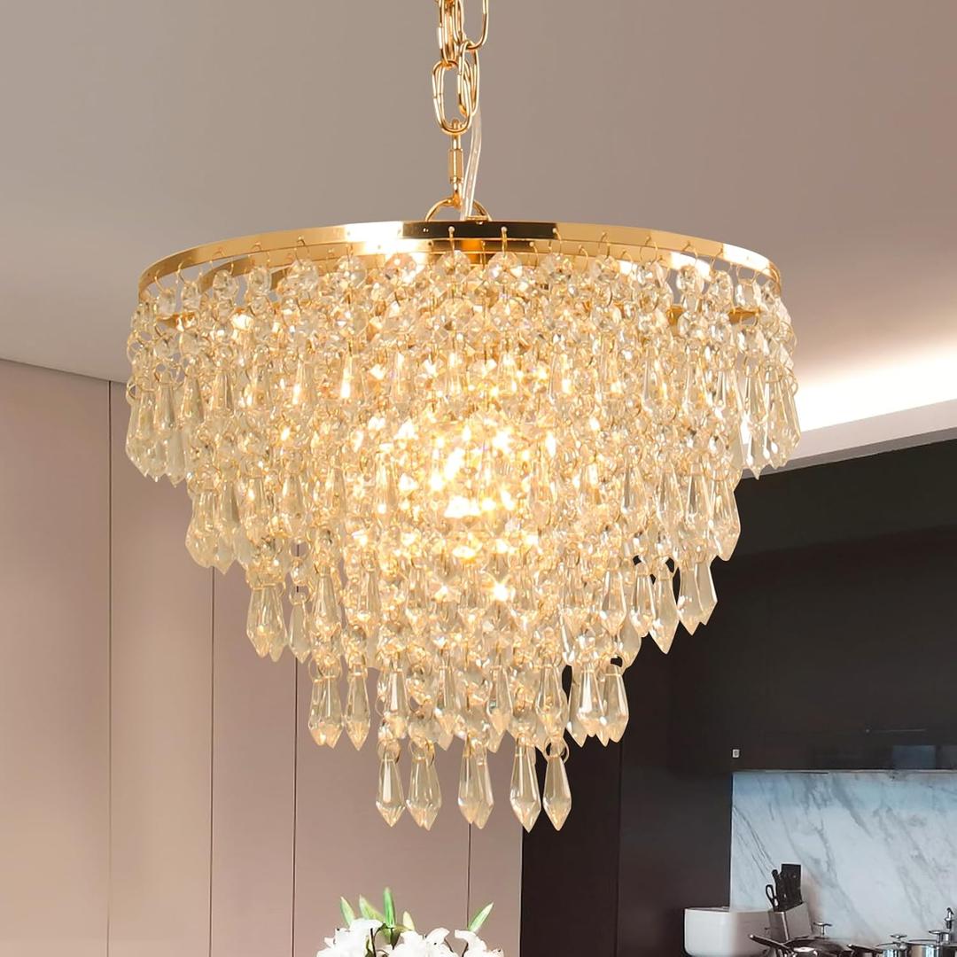 FRIXCHUR 11.8'' Crystal Chandelier Gold Crystal Ceiling Light Led Flush Mount Crystal Ceiling Pendant Light Metal LED Crystal Pendant Light for Bedroom Living Room Foyer