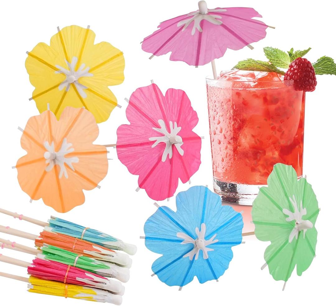 Drink Umbrellas - 100 Count Mini Paper Umbrellas for Cocktail, Floral Umbrella Toothpicks, Decorative Fancy Cocktail Picks, Luau Party Decorations, Hawaiian Drink Garnish, Tropical Tiki Dcor