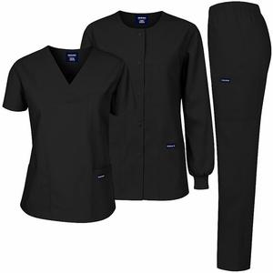 Dagacci Medical Uniform® Bundle Women’s Medical Scrub Set (Black Size L) with Warm-Up Jacket – Classic V-Neck Top, Pants & Long-Sleeve Snap Jacket, 3-Piece Nursing Uniform Set, 