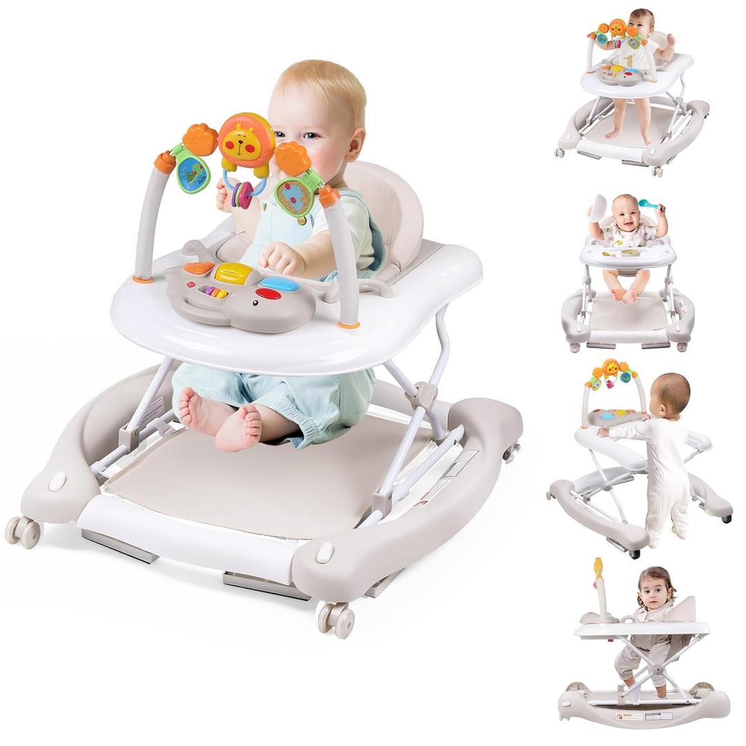 Boyro Baby Baby Walker, 5-in-1 Baby Walkers for Boys and Girls 6-12 Months with Bouncer, Removable Footrest, Feeding Tray & Music, Foldable & Adjustable Activity Walker for 6-18 Months Toddler Infant