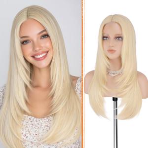 Haloo Blonde Wig with Curtain Bangs - Lace Front Hairline Middle Part Long Layered Natural Looking Straight Synthetic Hair Wigs for Women Daily Party, 24 Inch
