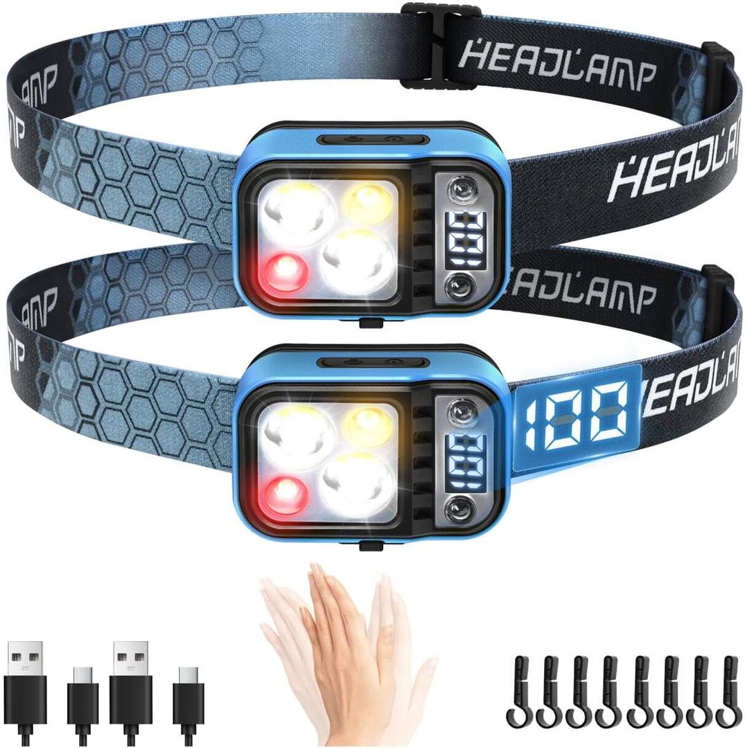 DARKDAWN 5 Modes Head Light Flashlight,Headlamp Rechargeable LED, USB C Headband Flashlight with Motion SensorDigital Power DisplayUp/Down Adjustable, for Camping, Car Repairing, 2PCS Pack