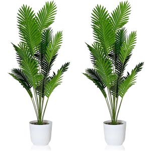 SAJANDAS Set of 2 Artificial Areca Palm Plants in Pots, 50 Inch Fake Tropical Palm Trees with Greenery Leaves and Stems, Faux Dypsis Lutescens Floor Plants for Garden, Store, Office, Home Decoration