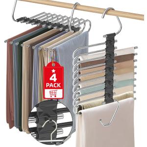 Upgrade 9 Layers Pant Hangers Space Saving, Non Slip Stainless Steel Multifunctional Pants Rack S-Type Clothes Pant Closet Hanger Organizer with Hooks for Pants Jeans Trousers Scarf (4 Pack, Black)