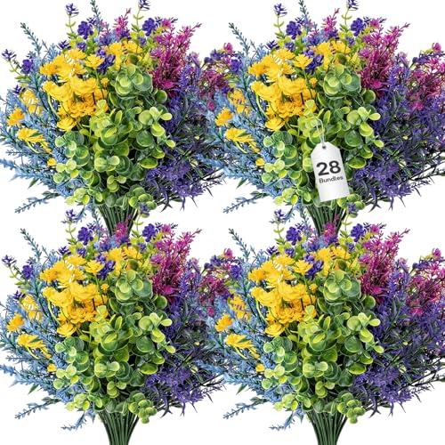 TQRR 28Pcs Artificial Flowers for Outdoor, UV Resistant Fake Silk Flowers, Faux Plastic Plants for Spring Summer Yard, Porch, Hanging Planter,Window, Home Decoration (28)