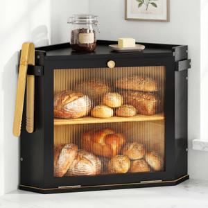 Corner Bread Box for Kitchen Countertop, Bamboo Wood Black Breadbox with Large Capacity Double Layer, Bread Box for Homemade Bread, Easy Assembly and Versatile Kitchen Bread Storage (No clip included)