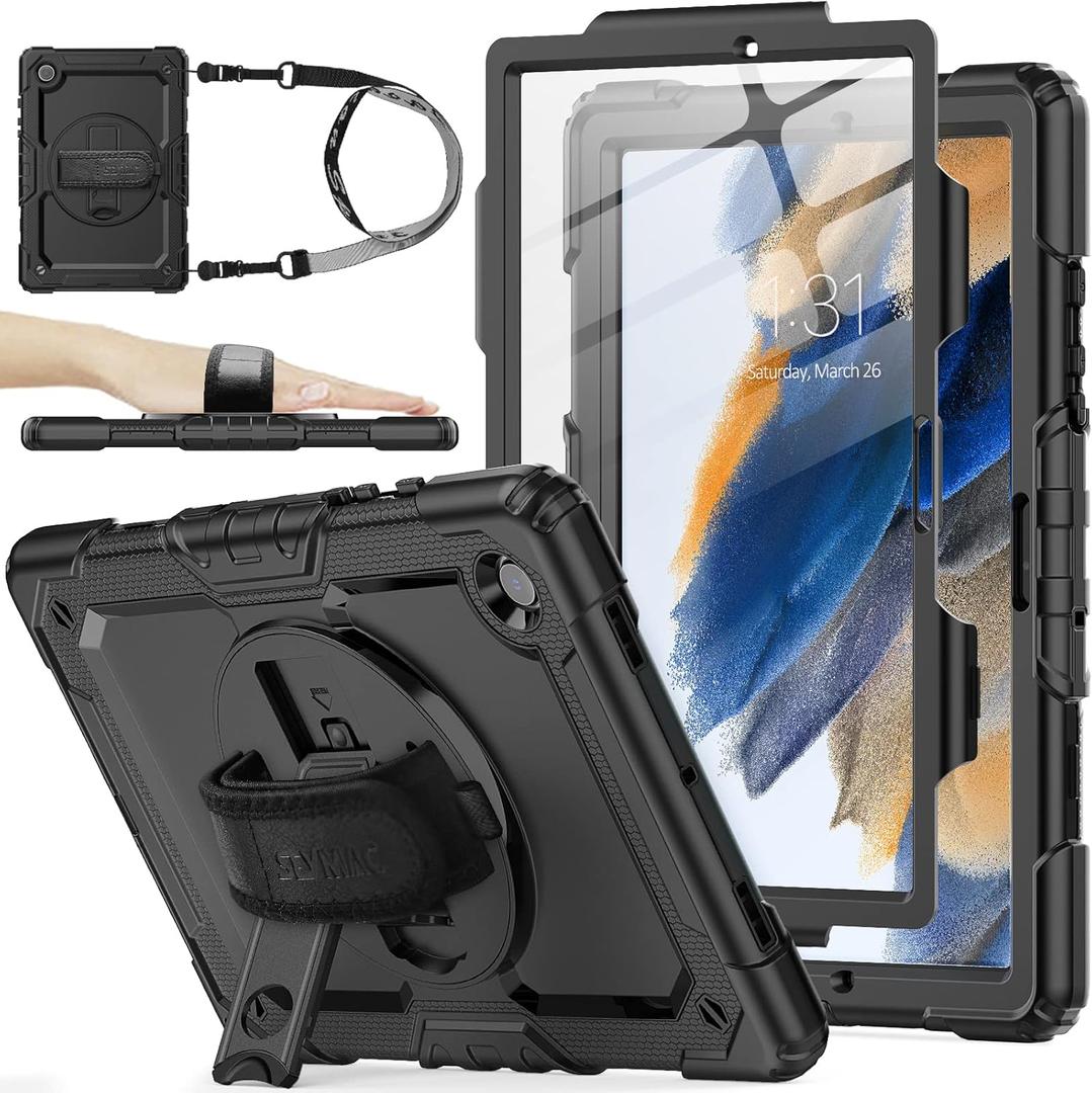 SEYMAC stock Case for Samsung Galaxy Tab A8 10.5'', Full-Body Drop Protection Case with Screen Protector Pencil Holder [360 Rotating Hand Strap] &Stand, Black