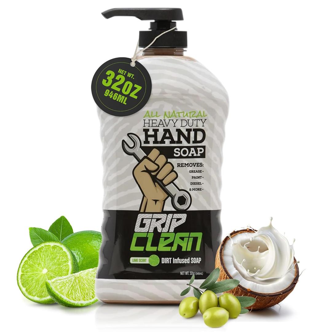 Grip Clean Heavy Duty Hand Cleaner for Mechanics Natural Pumice & Clay-Infused Technology Removes Grease, Oil & Grime Moisturizing Liquid Hand Soap for Shop, Garage & Industrial Use 32oz