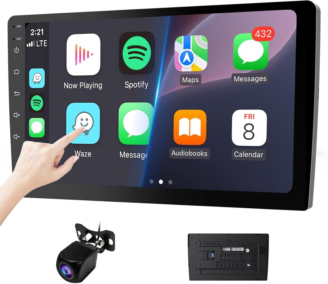 10.1" Double Din Car Stereo, Touchscreen Car Radio with Wireless Apple CarPlay & Android Auto, Bluetooth 4.1, HD Backup Camera, Mirror Link, GPS Navigation, WiFi, Voice Control, 2+64GB, FM/AM