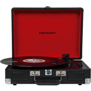Crosley CR8005F-BK Cruiser Plus Vintage 3-Speed Bluetooth in/Out Suitcase Vinyl Record Player Turntable, Black/Red