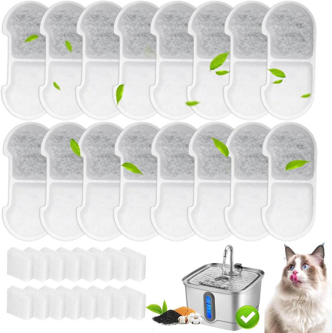 16+16 Pack Replacement Filters for SEIRMEP 101oz/3L Stainless Steel Cat Water Fountain, Includes 16 Filters & 16 Sponges