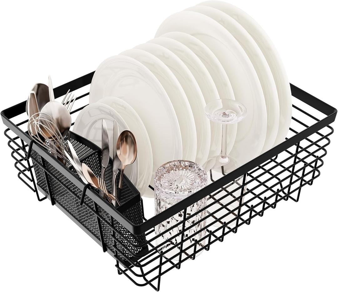 TQVAI Kitchen Dish Drying Rack Metal Dish Drainer with Full-Mesh Silverware Utensils Basket Holder, Black