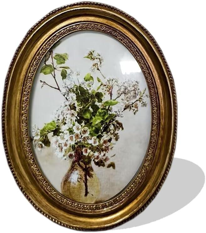Vintage Oval Picture Frame with Ornate Gold Finish, Decorative Wall Hanging Frame for Floral Art, Antique Style,can be hanging and can be standing