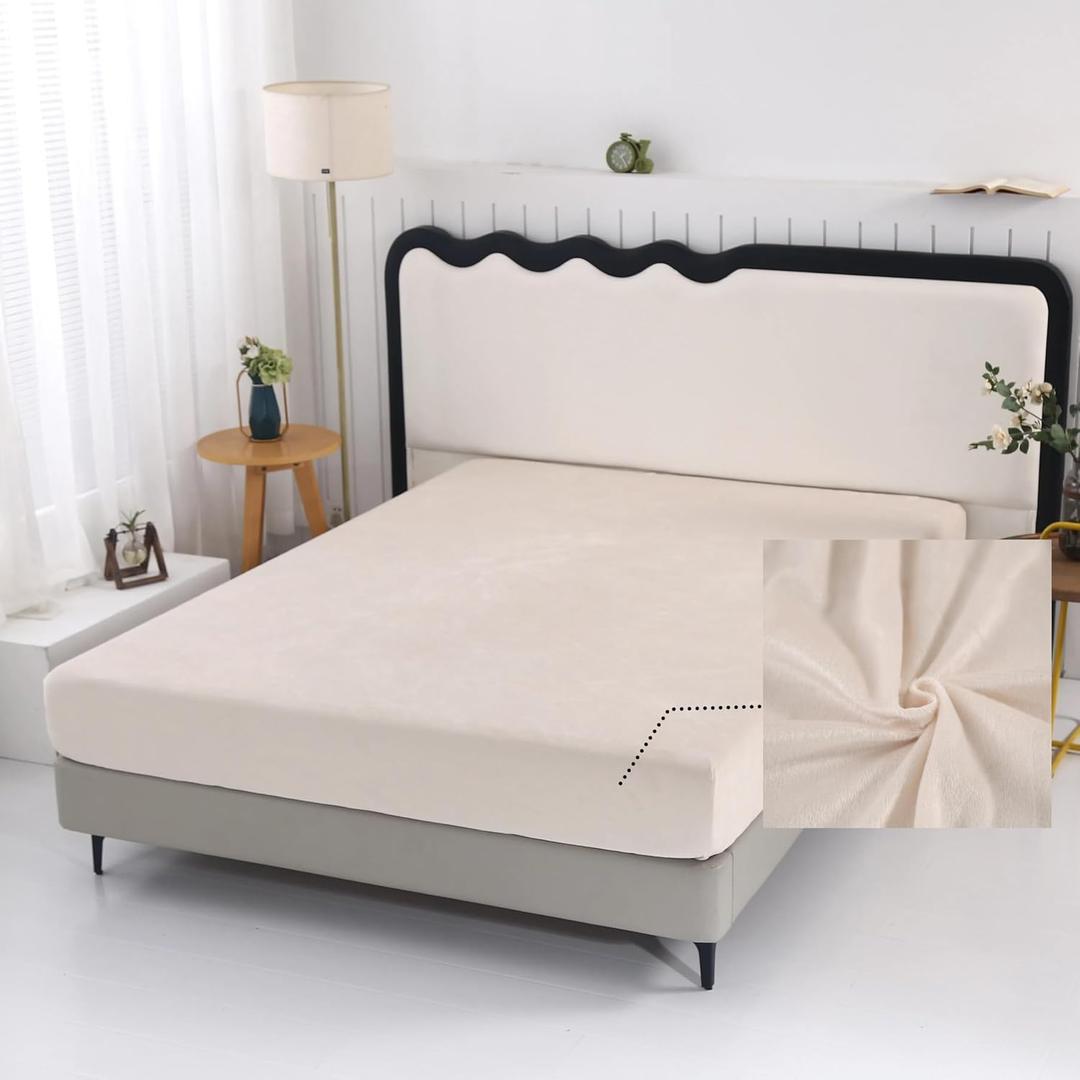 SDY Beige Velvet Luxury Twin Size Fitted Sheet Only, Extra Deep Pocket Fits 14-16 Inch Mattress, Ultra Soft Wrinkle-Free & Breathable Bottom Sheet for All Season