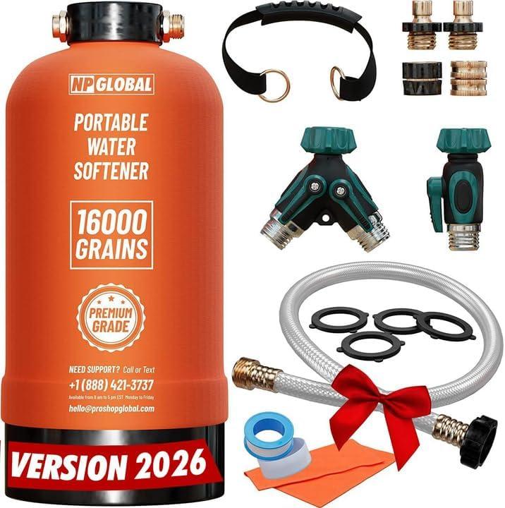 RV Water Softener Portable - 16,000 Grain, 3/4" GHT Fittings, Convenient Water Softener for RVs, Trailers, Boats, Mobile Car Washing, Pressure Washing (Orange)