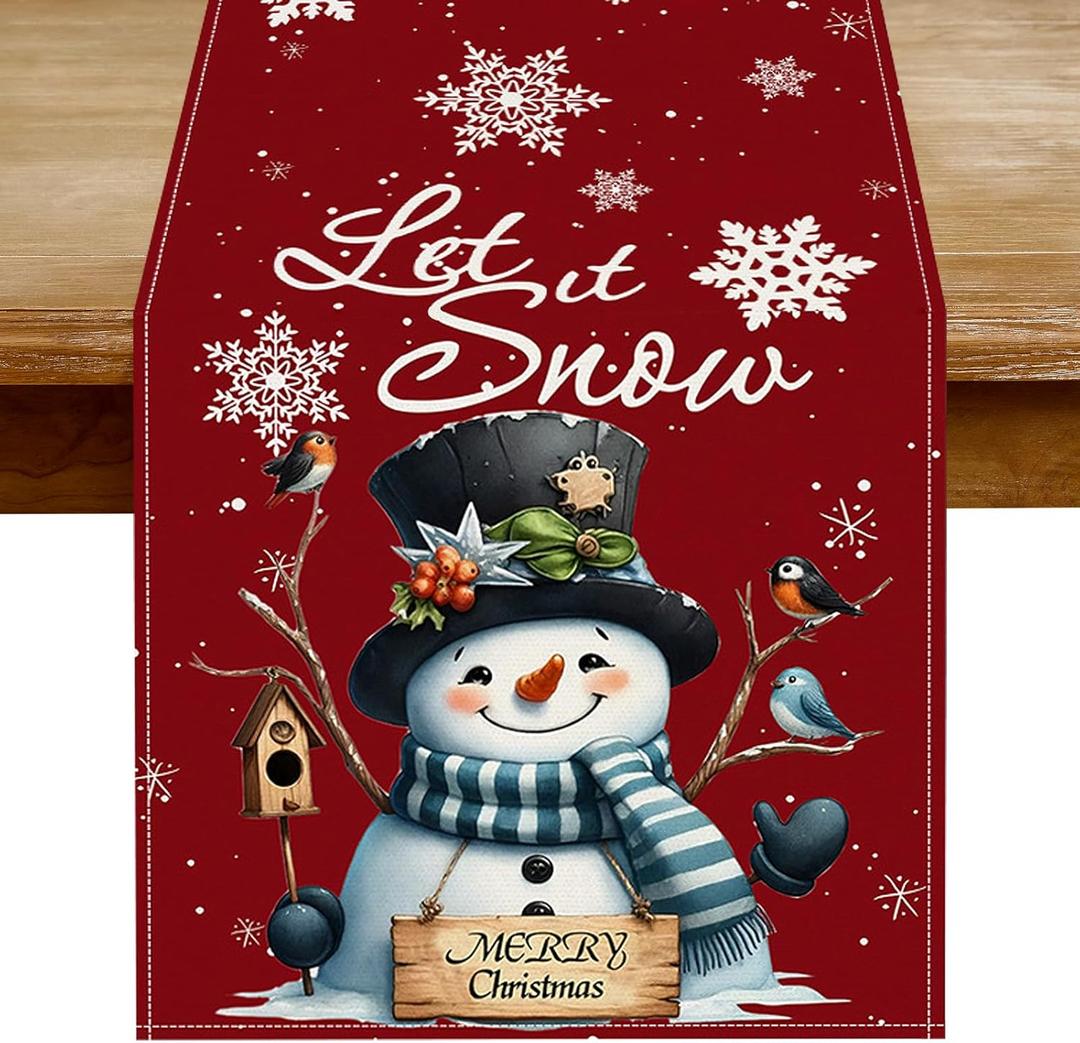 Christmas Table Runner - Red Snowman Snowflake Winter Holiday Decorative Farmhouse Table Decorations for Kitchen Dinning, Indoor Outdoor Dinner Party Decor 13x72 Inch