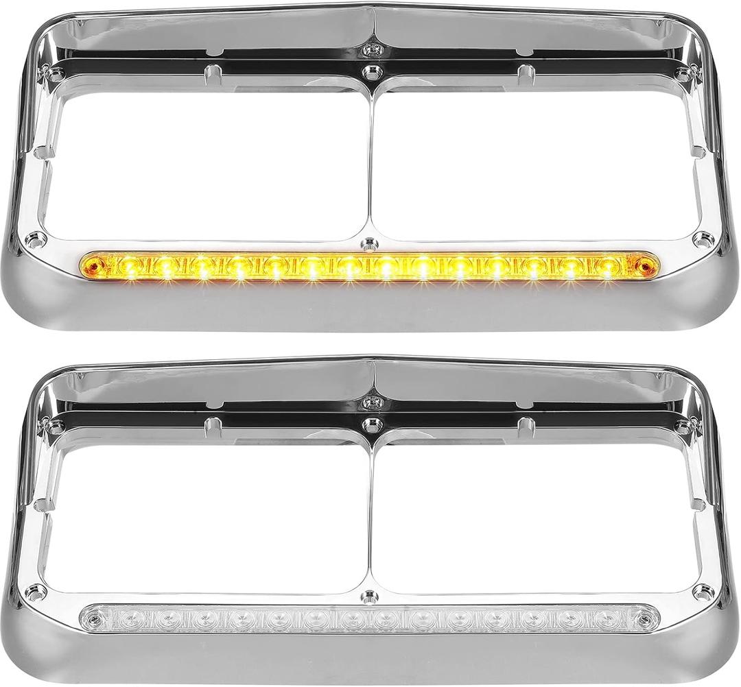Partsam 2x Headlight Bezels Chrome w/Visor 12" Clear/Amber LED Light Strip Replacement for 4x6 Lights Kenworth T400 T600 T800 W900B W900L Peterbilt 378 379 Western Star 4900 Freightliner Semi Trucks