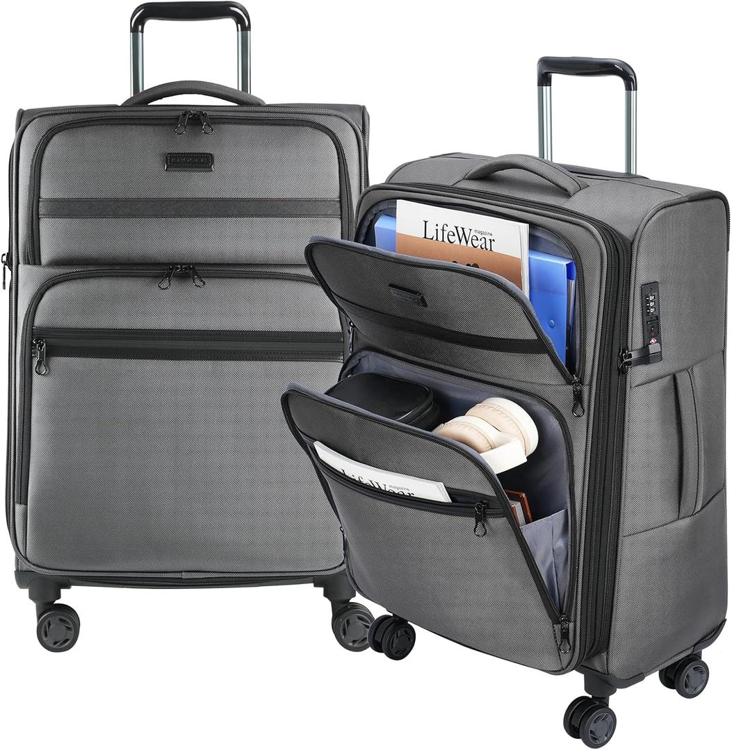 KROSER Softside Expandable checked Luggage with Front Business Pockets24 Inch Suitcases with Spinner Wheels & Built-in TSA Lock, Durable Suitcase Rolling Luggage, Grey