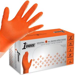 1st Choice 6 mil Orange Gloves, Disposable, Latex Free, Raised Diamond Grip, Mechanic Glove for Men, Medium, 1 Box of 100